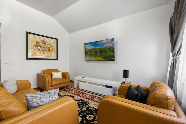 living room featuring lofted ceiling