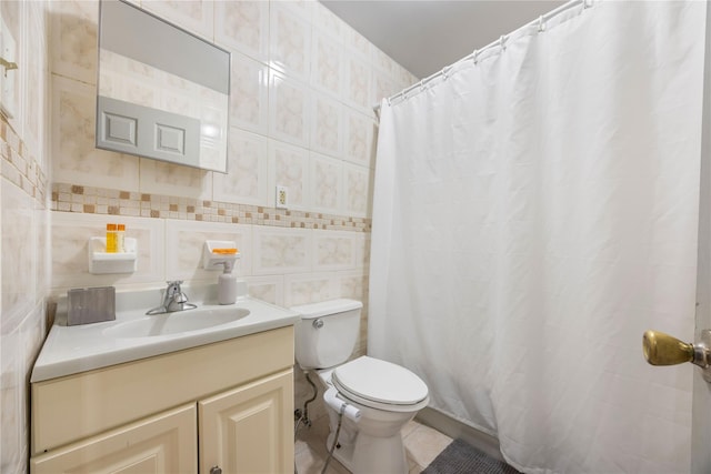 bathroom featuring walk in shower, toilet, tile walls, vanity, and tile patterned flooring