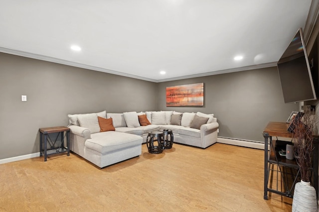 living room featuring a baseboard radiator, ornamental molding, and light hardwood / wood-style floors