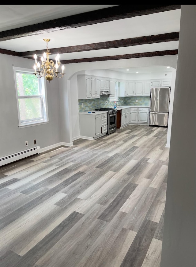 kitchen featuring white cabinetry, decorative backsplash, light hardwood / wood-style floors, stainless steel appliances, and beam ceiling