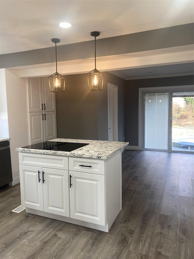 kitchen featuring decorative light fixtures, dark hardwood / wood-style floors, white cabinets, light stone countertops, and black appliances