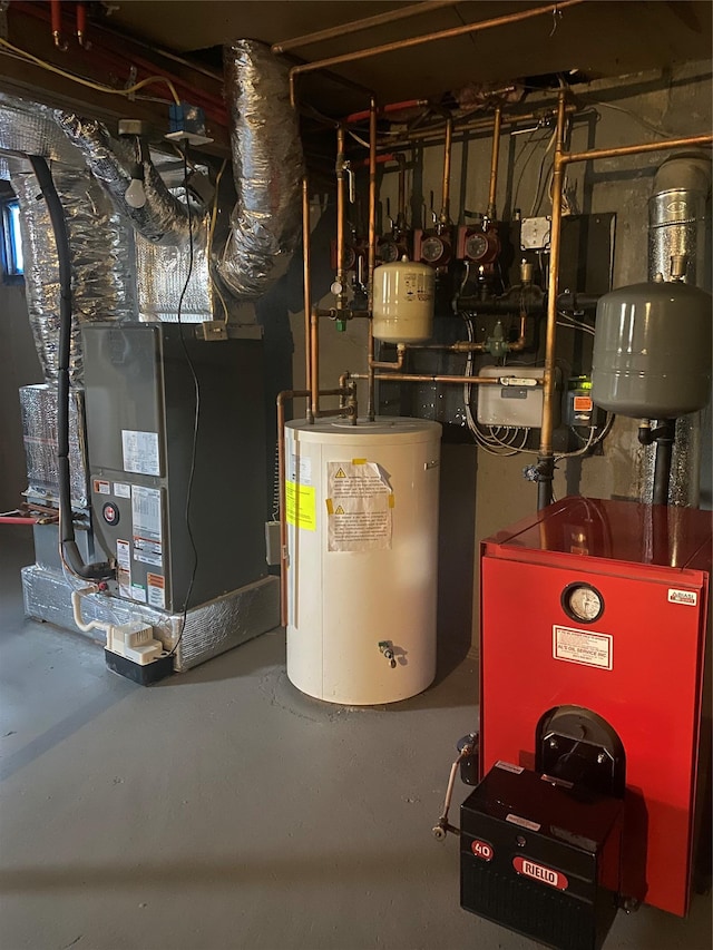 utility room with heating unit and water heater