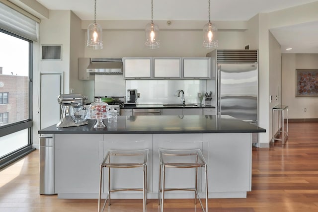 kitchen with appliances with stainless steel finishes, sink, exhaust hood, and light hardwood / wood-style flooring