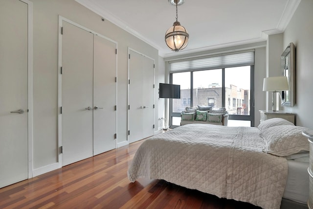 bedroom featuring hardwood / wood-style floors, ornamental molding, and multiple closets