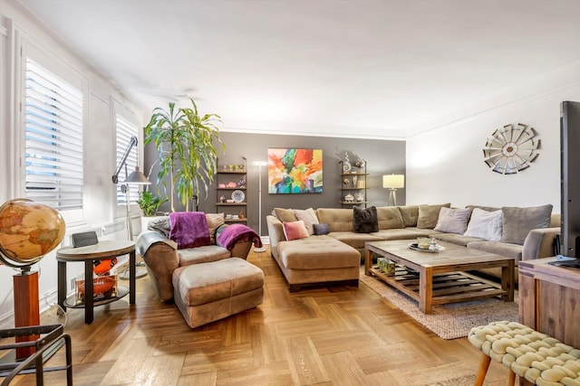 living room featuring ornamental molding