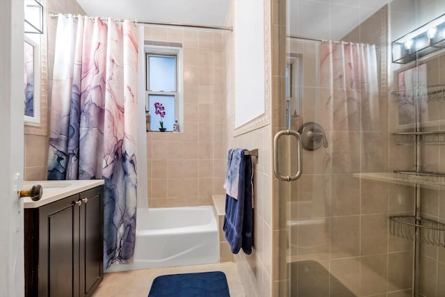 full bath featuring vanity and shower / bathtub combination with curtain