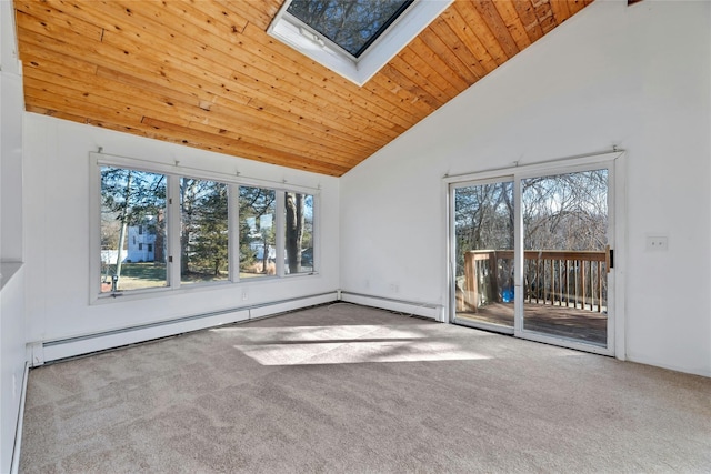 unfurnished living room featuring light carpet, a skylight, wooden ceiling, and a healthy amount of sunlight