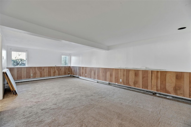 carpeted spare room with a baseboard radiator, beam ceiling, and wood walls