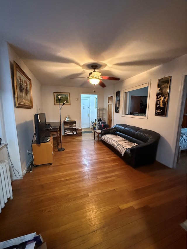 living room with radiator heating unit, wood-type flooring, and ceiling fan