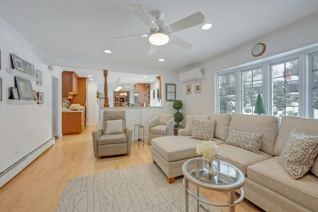 living room featuring crown molding, light hardwood / wood-style flooring, an AC wall unit, a baseboard radiator, and ceiling fan