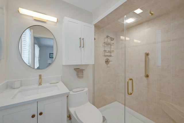 bathroom with vanity, toilet, and a shower with shower door