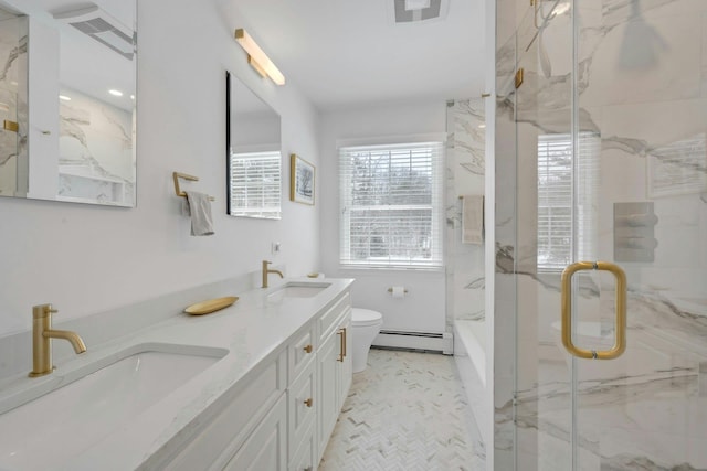 bathroom with a baseboard radiator, toilet, vanity, and walk in shower