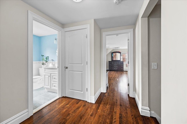 hallway with dark wood-style flooring