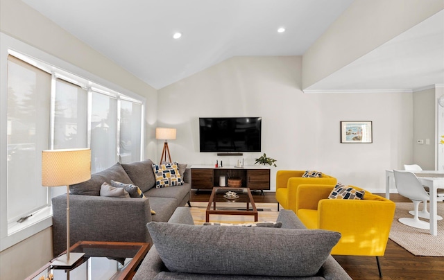 living room with hardwood / wood-style flooring and vaulted ceiling