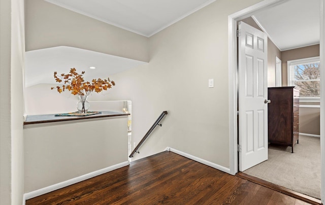 hall with hardwood / wood-style floors and crown molding