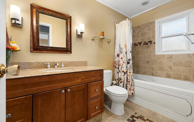 full bathroom featuring tile patterned floors, toilet, shower / bath combo with shower curtain, and vanity