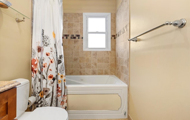 full bathroom with toilet, vanity, and shower / bath combo with shower curtain