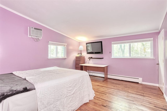 28 Robin Hood Rd, Montebello, NY 10901 - bedroom featuring a baseboard heating unit, lofted ceiling, multiple windows, light wood finished floors, and ornamental molding
