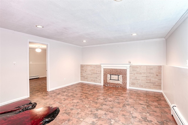 28 Robin Hood Rd, Montebello, NY 10901 - unfurnished living room with a baseboard radiator, recessed lighting, ornamental molding, a fireplace, and a textured ceiling