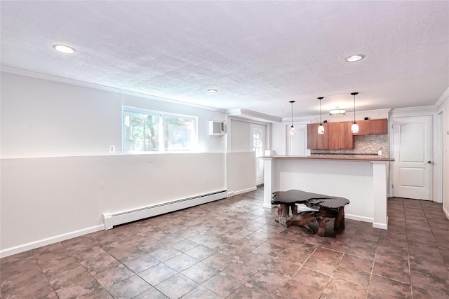 28 Robin Hood Rd, Montebello, NY 10901 - kitchen featuring baseboard heating, crown molding, a textured ceiling, recessed lighting, and a wall mounted AC