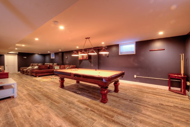 rec room with billiards and light wood-type flooring