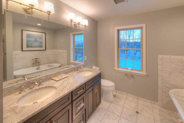 bathroom with vanity, a bathtub, and toilet