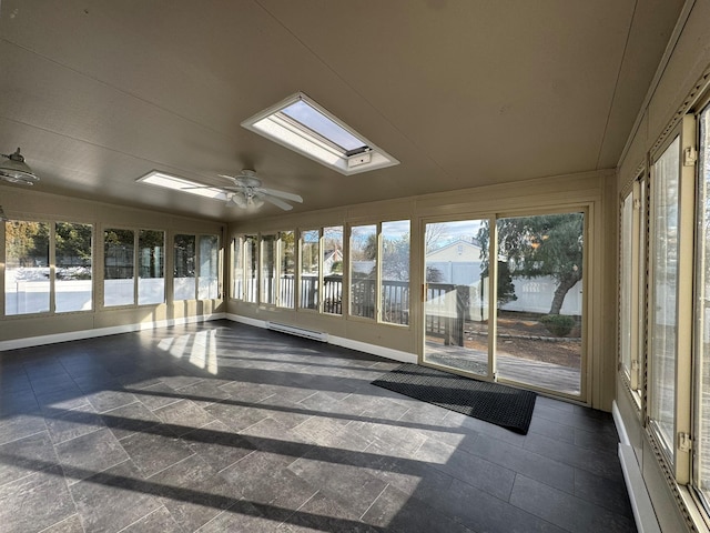 unfurnished sunroom featuring vaulted ceiling with skylight, ceiling fan, and a baseboard heating unit