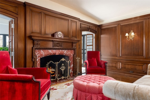 living area with a fireplace