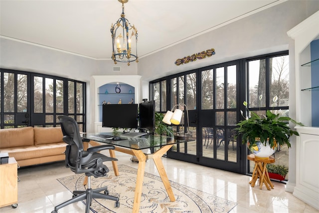 office featuring ornamental molding and a chandelier