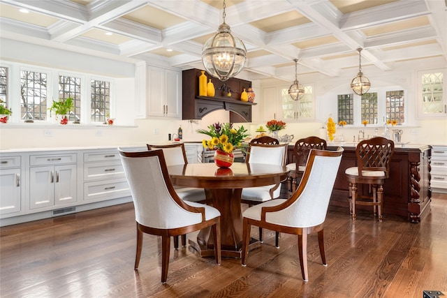 dining area with beamed ceiling, coffered ceiling, dark hardwood / wood-style floors, and a chandelier