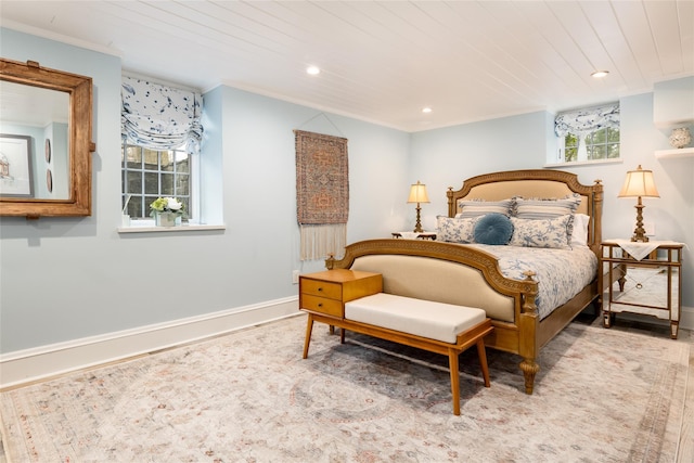 bedroom featuring ornamental molding and wooden ceiling