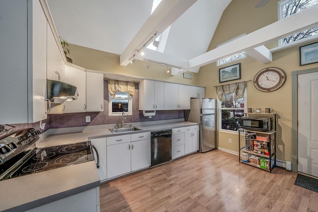 kitchen with sink, black appliances, ventilation hood, light hardwood / wood-style flooring, and white cabinets