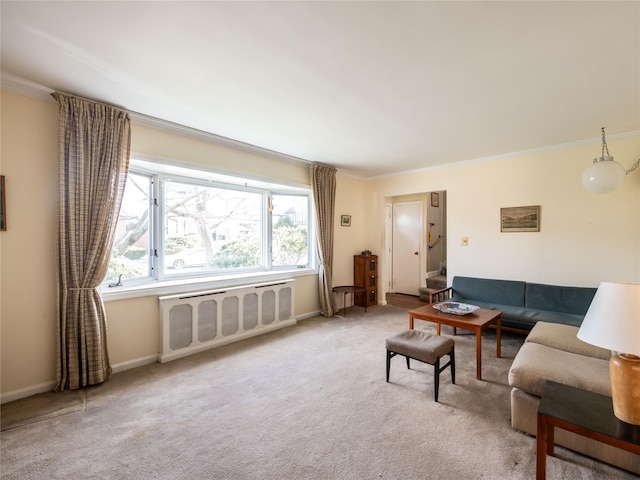 living room featuring crown molding, radiator heating unit, and carpet floors