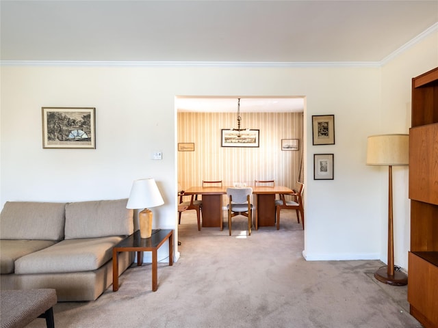 carpeted living room with ornamental molding