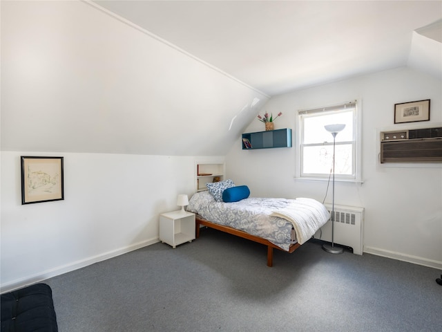 bedroom featuring carpet floors, radiator heating unit, vaulted ceiling, and an AC wall unit