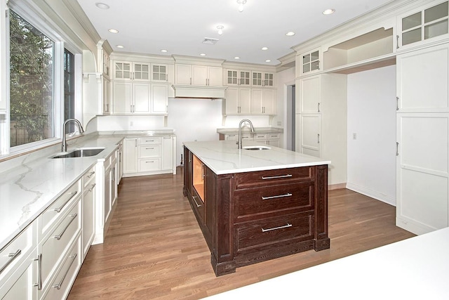 kitchen with glass insert cabinets, a kitchen island with sink, a sink, and light stone countertops