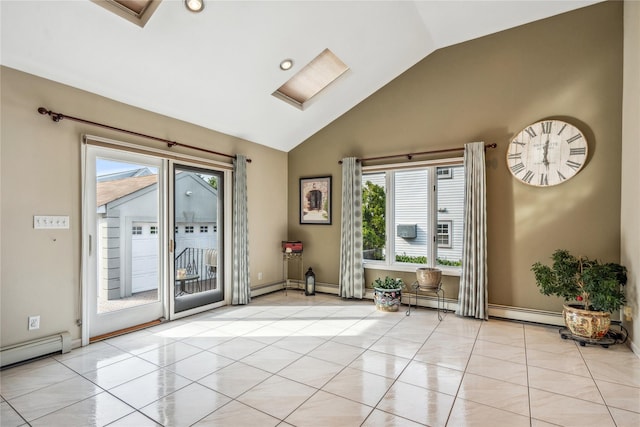 interior space featuring light tile patterned floors, vaulted ceiling, and a baseboard radiator