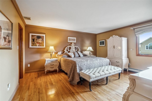 bedroom featuring light hardwood / wood-style flooring, ornamental molding, and a baseboard radiator