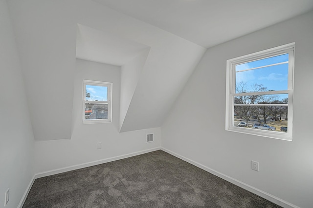 bonus room with lofted ceiling and dark carpet