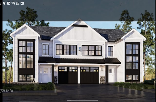 view of front of home featuring roof with shingles, board and batten siding, a garage, stone siding, and driveway