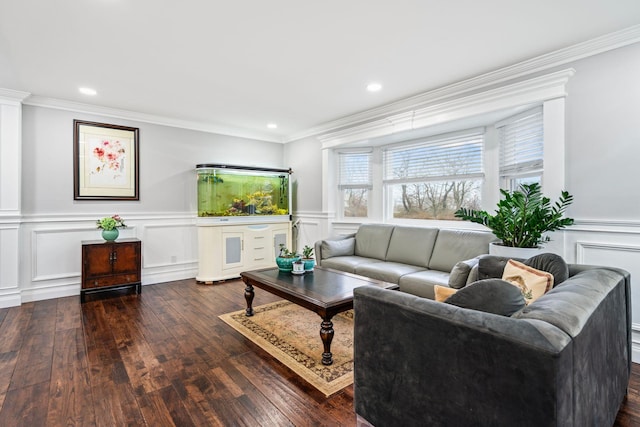 living room featuring crown molding and dark hardwood / wood-style flooring