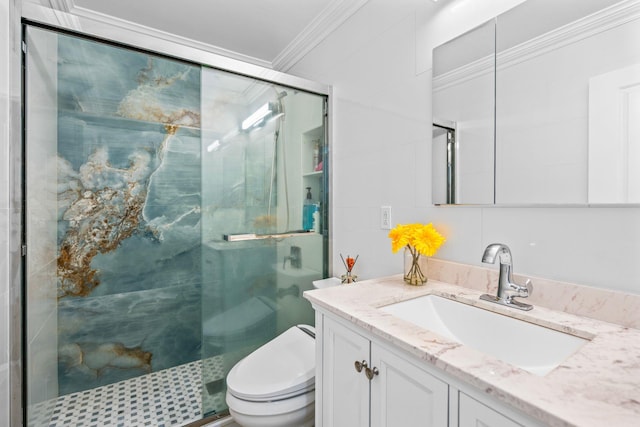 bathroom featuring walk in shower, toilet, tile walls, ornamental molding, and vanity