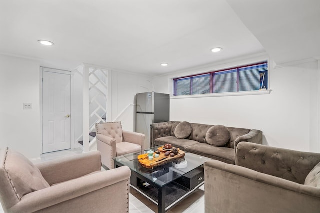 living room with crown molding