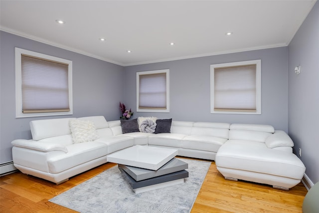 living room with crown molding and light hardwood / wood-style floors