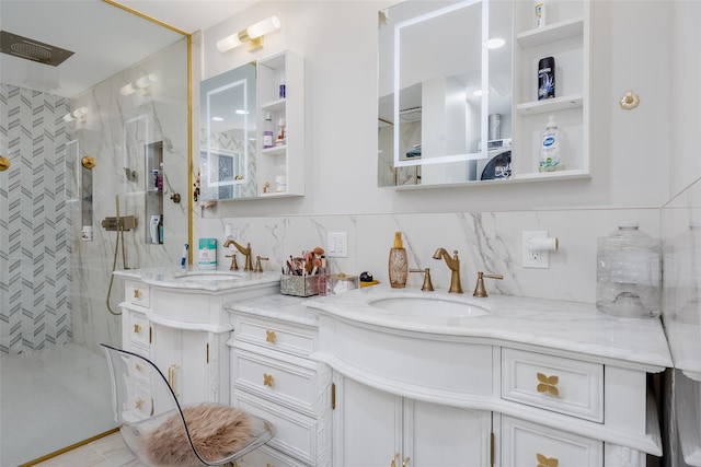 bathroom featuring vanity, tiled shower, tile walls, and decorative backsplash