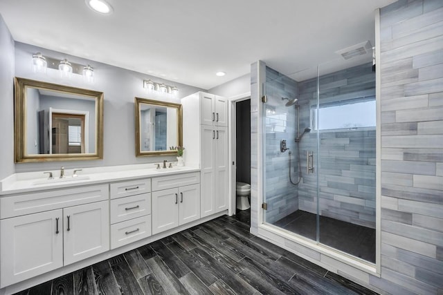 bathroom featuring vanity, a shower with shower door, and toilet