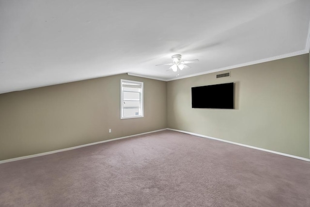 bonus room featuring lofted ceiling, ceiling fan, and carpet flooring