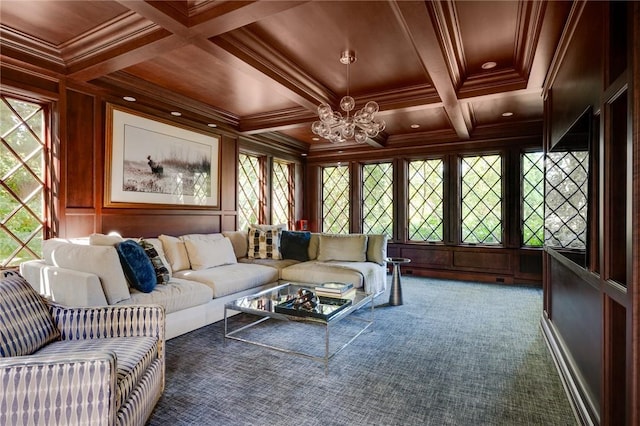 sunroom featuring coffered ceiling, wooden ceiling, beamed ceiling, and an inviting chandelier