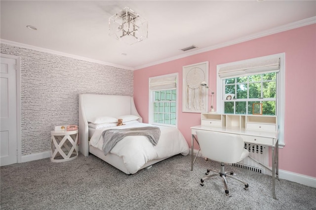 carpeted bedroom featuring radiator and ornamental molding