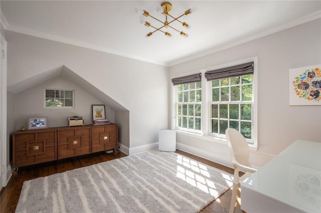 interior space featuring crown molding and dark wood-type flooring